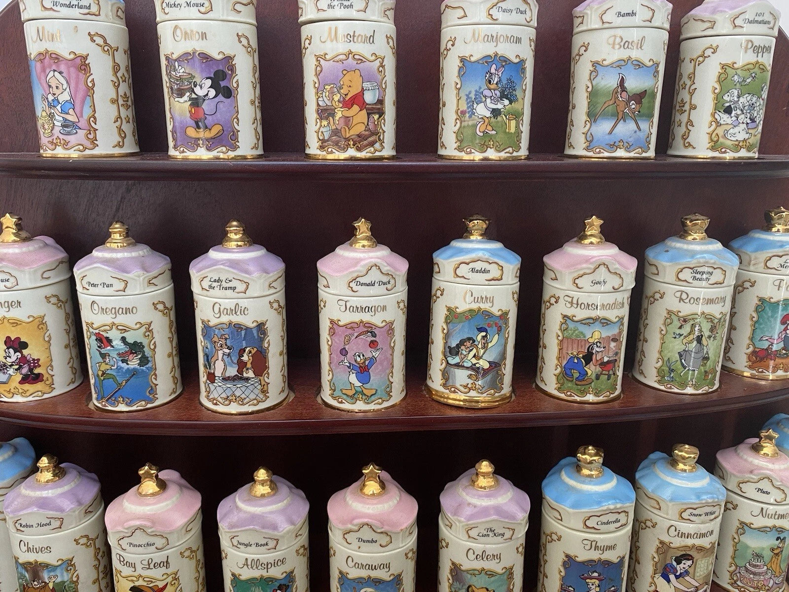 Rare 1995 Lenox Disney Fine Porcelain Spice Jar Collection with Wooden Display