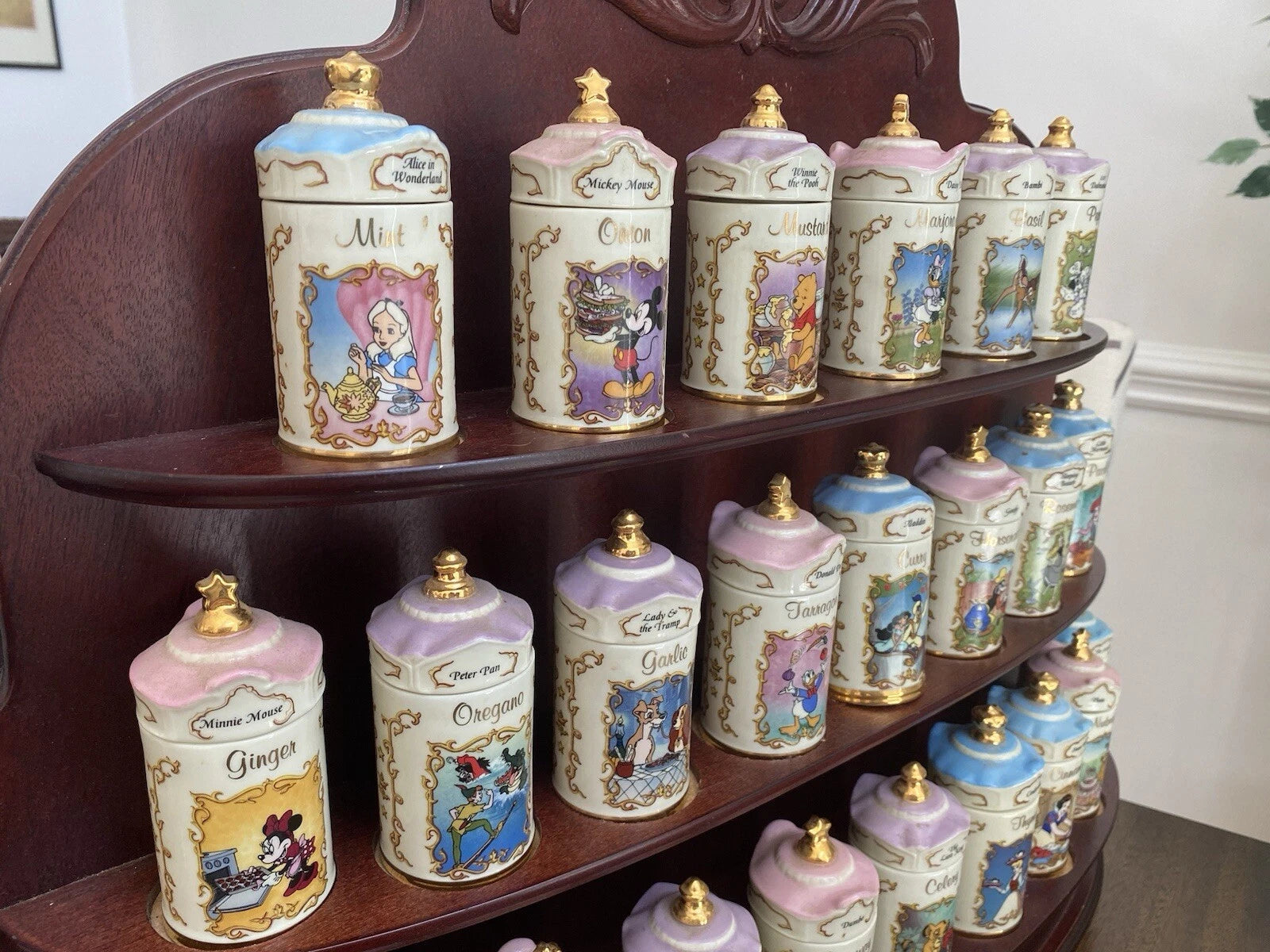 Rare 1995 Lenox Disney Fine Porcelain Spice Jar Collection with Wooden Display